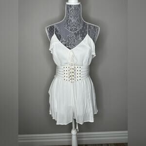LUSH NORDSTROM Womens Ivory White Ruffle Front Spaghetti Strap Romper Size Small